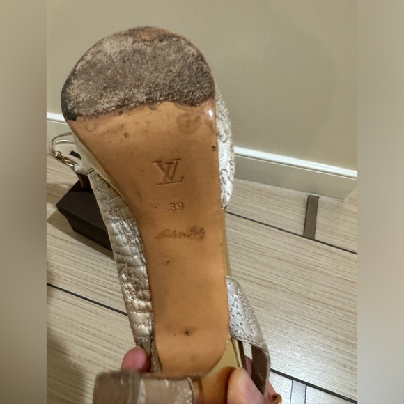 Louis Vuitton Satin Metallic Gold Motard Piccadilly Peep Toe Slingback Platform - Picture 7 of 13